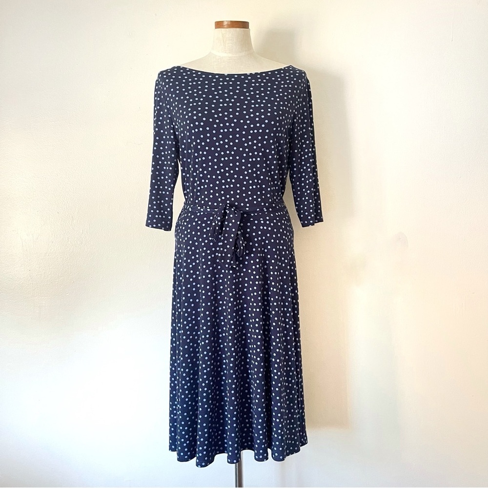 Leota Navy Blue Fit and flare handmade midi dress with belt size XL preowned